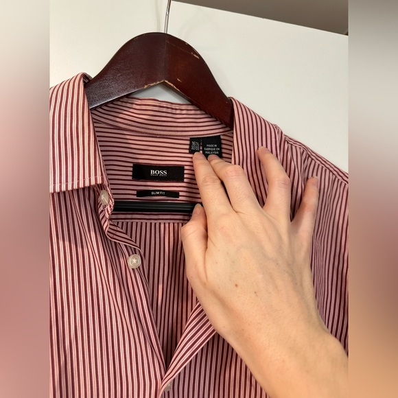 Hugo Boss red and salmon striped button up shirt in EUC - Picture 3 of 6